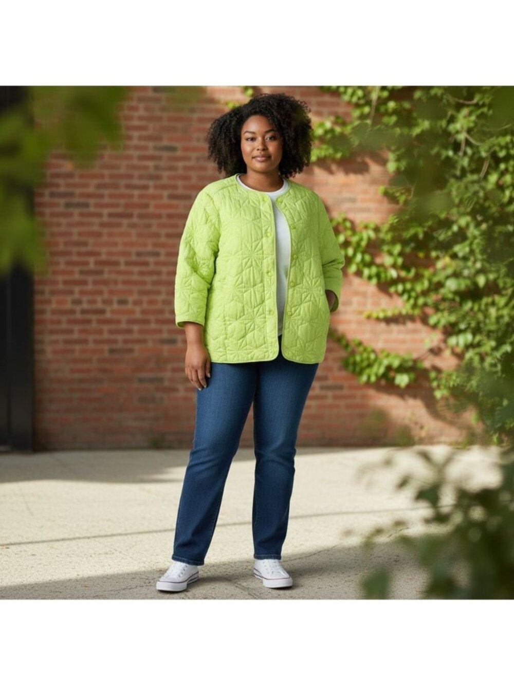 Lands End Womens XL Quilted Jacket Cotton Blend Snap Geometric Chartreuse Yellow
